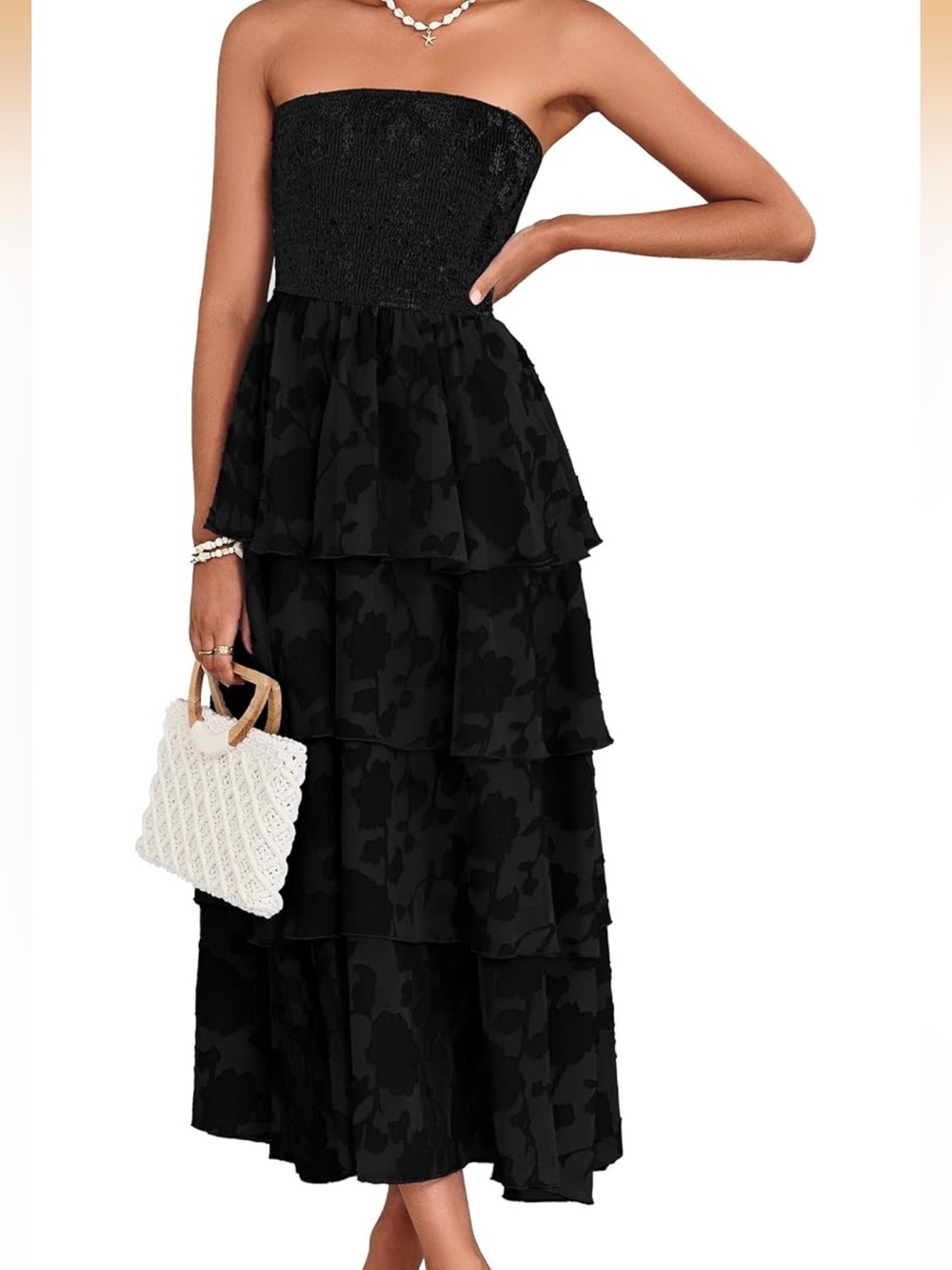 Simple Black Strapless Tiered Maxi Dress